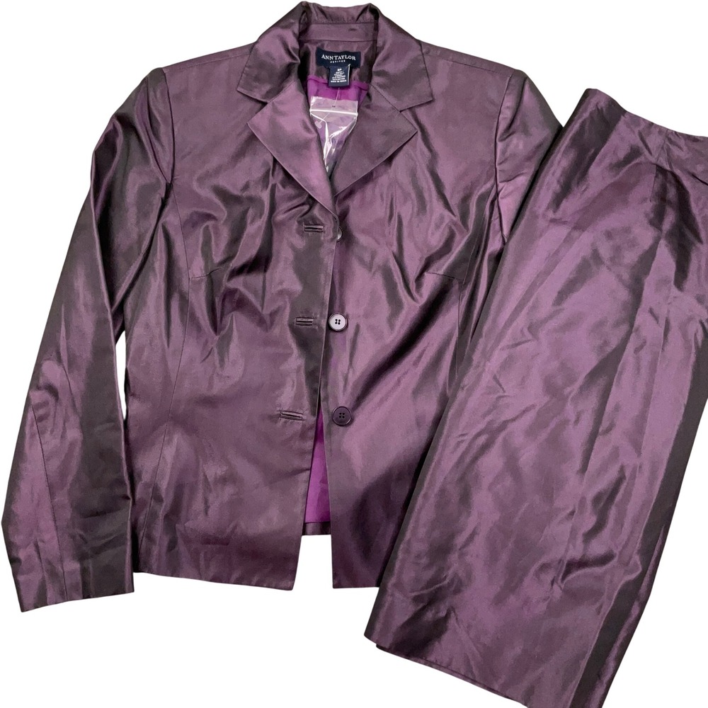 Ann Taylor Skirt Suit Women 8P Purple Silk Iridescent Shimmer Formal Party